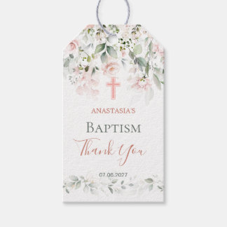 Pink Roses Greenery Foliage Cross Baptism Gift Tags
