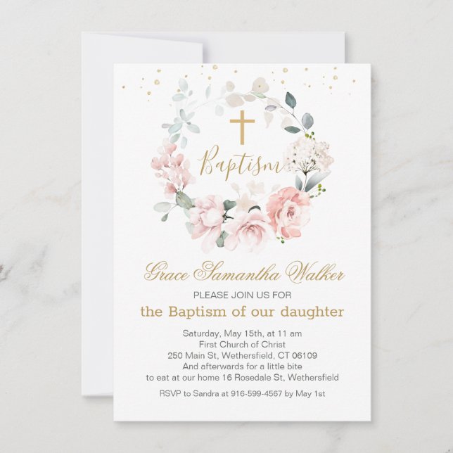 Pink Roses Greenery Foliage Cross Baptism Invitation (Front)