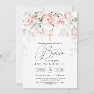 Pink Roses Greenery Foliage Cross Baptism  Invitation