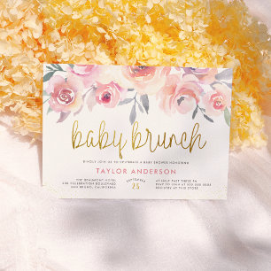 Pink Roses & Greenery Gold Baby Brunch Baby Shower Invitation