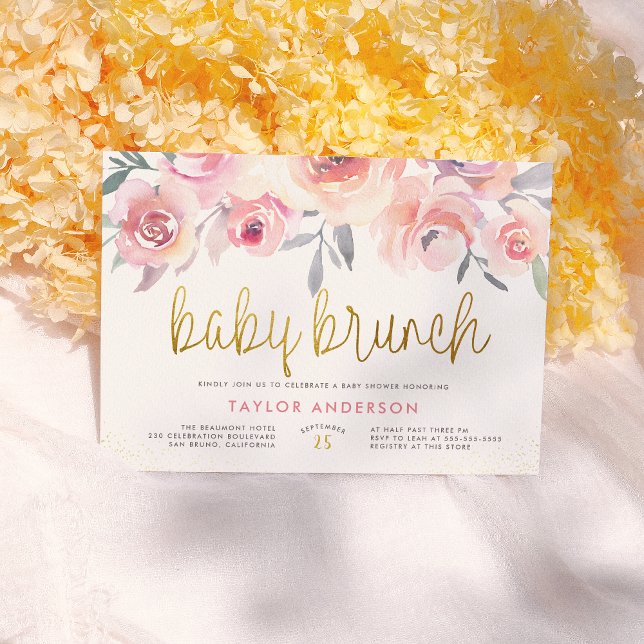 Pink Roses & Greenery Gold Baby Brunch Baby Shower Invitation (Creator Uploaded)
