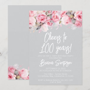 Pink Roses Grey Floral 100th Birthday Party Invitation