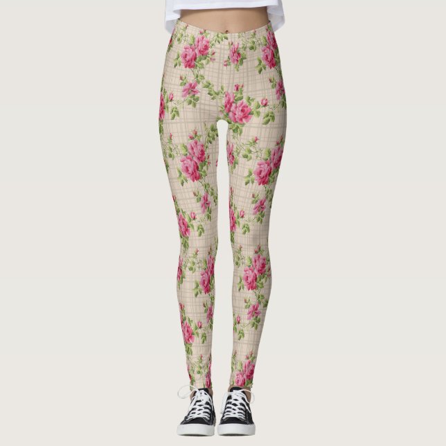 Pink Roses Hand Painted Leggings (Front)