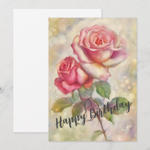 Pink Roses Happy Birthday Holiday Card
