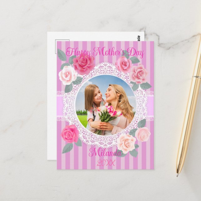 Pink Roses Happy Mother’s Day Postcard (Front/Back In Situ)