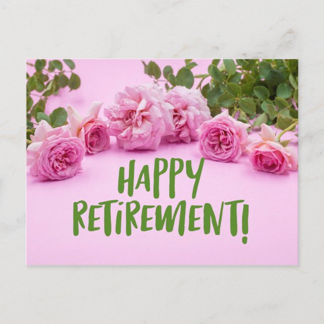 Pink roses Happy Retirement on Pink background Postcard (Front)