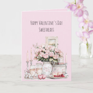Pink Roses Hearts Candles Romantic Love Card