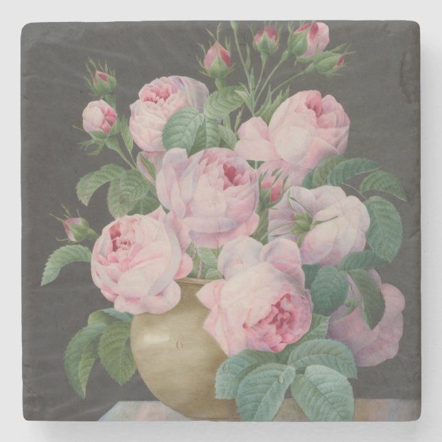Pink Roses in a Vase – Pierre Joseph Redouté Stone Coaster (Front)