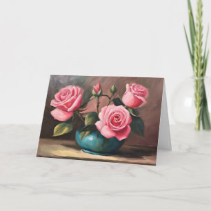 Pink Roses in Blue Vase Still Life Illustration  Card