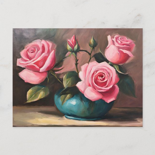Pink Roses in Blue Vase Still Life Illustration  Postcard (Front)