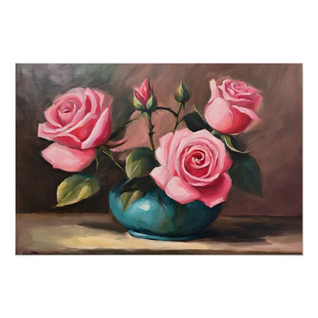 Pink Roses in Blue Vase Still Life Illustration  Poster (Front)