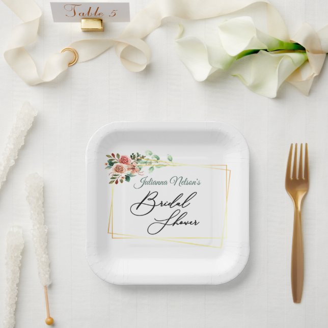 Pink roses in gold frame   paper plates (Wedding)