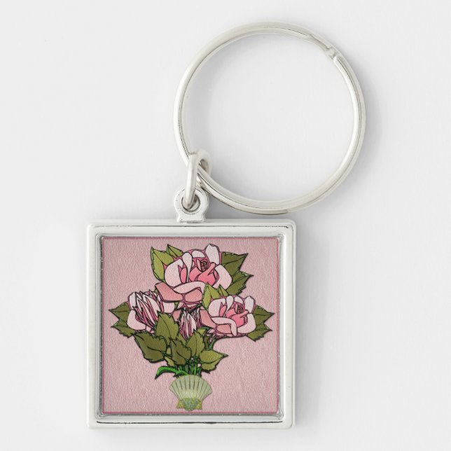 Pink Roses in Seashell Vase Key Ring (Front)