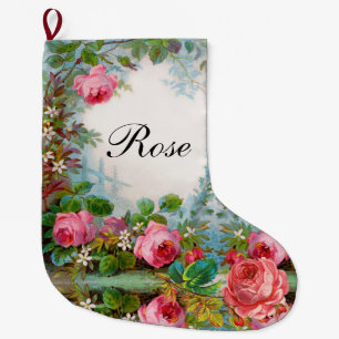 PINK ROSES ,JASMINES FLORAL RED GEMSTONE MONOGRAM  LARGE CHRISTMAS STOCKING
