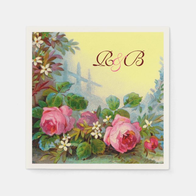 PINK ROSES,JASMINES FLORAL WEDDING MONOGRAM Yellow Napkin (Front)