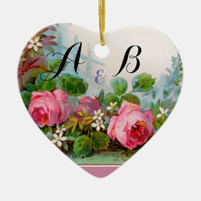 PINK ROSES & JASMINES MONOGRAM  Wedding Souvenir Ceramic Ornament (Front)