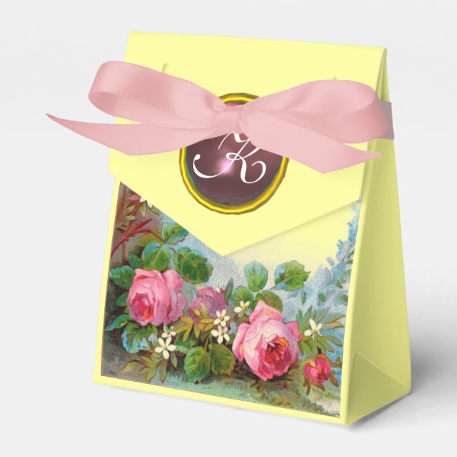 PINK ROSES ,JASMINES WEDDING GEM MONOGRAM Yellow Favour Box (Front Side)