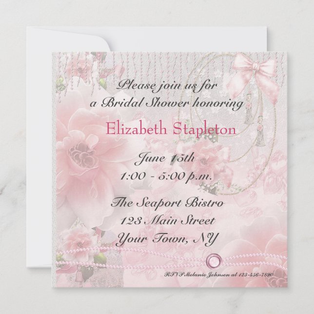 Pink Roses, Lace and Pearls Invitation (Front)