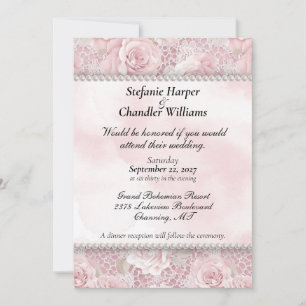 Pink Roses, Lace and Pearls Wedding Invitation
