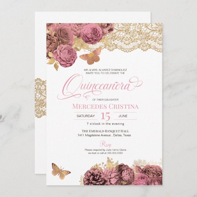 Pink Roses & Lace Gold Butterfly Quinceañera Invitation (Front/Back)