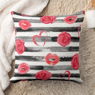 Pink roses, lips, hearts and black stripes cushion