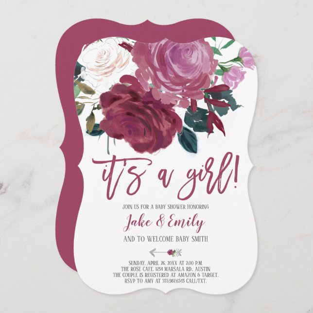 Pink Roses Marsala Baby Shower Its a Girl Invitation (Front/Back)