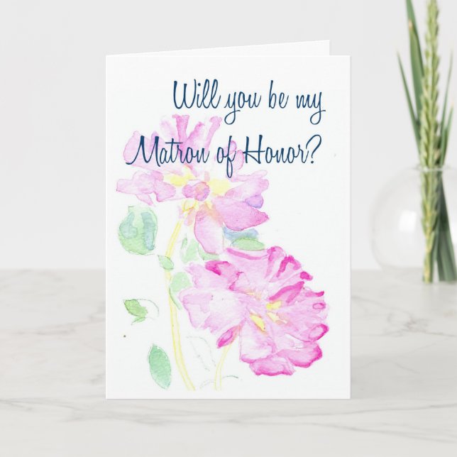 Pink Roses Matron of Honour Request Invitation (Front)