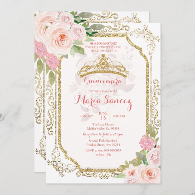 Pink Roses Mexican Mis Quince Invitation (Front/Back)