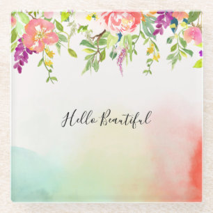 Pink Roses Mint Yellow Blush Tie Dye Floral Glass Coaster