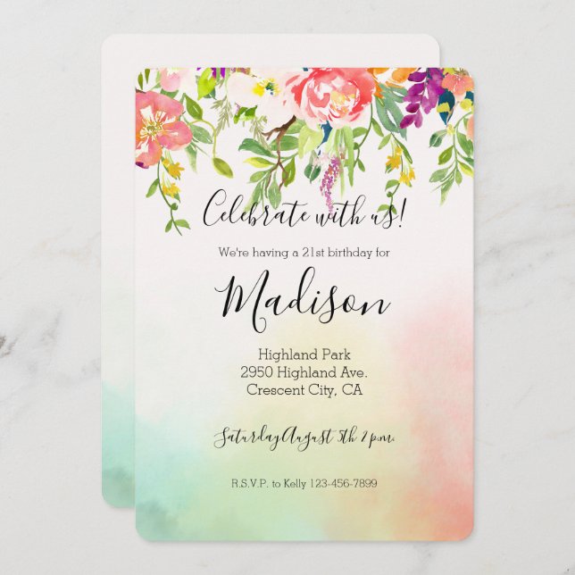 Pink Roses Mint Yellow Blush Tie Dye Floral Invitation (Front/Back)
