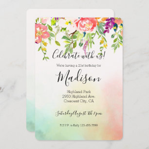 Pink Roses Mint Yellow Blush Tie Dye Floral Invitation