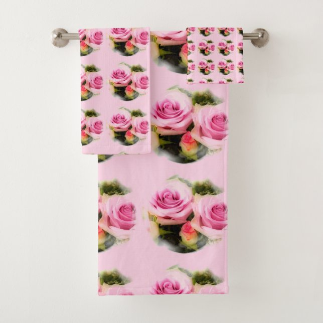 Pink Roses Modern Elegant Floral Template Bath Towel Set (Insitu)