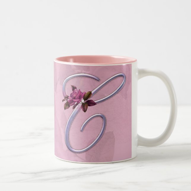 Pink Roses Monogram C Two-Tone Coffee Mug (Right)