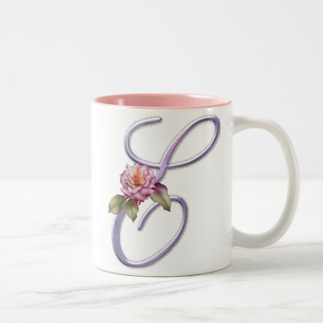 Pink Roses Monogram E Two-Tone Coffee Mug (Right)