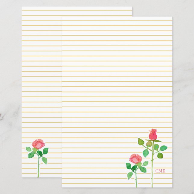 Pink Roses Monogram Letter Writing Stationery (Front/Back)