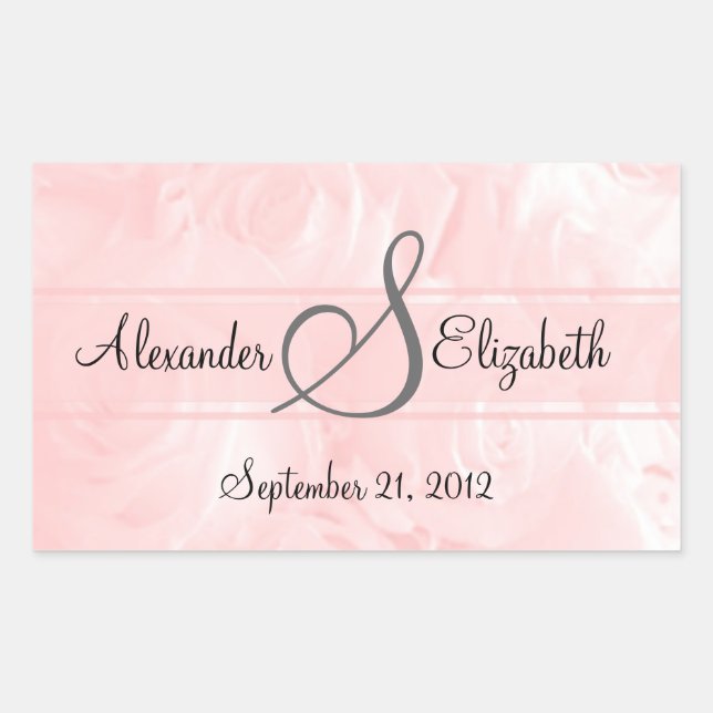 Pink Roses Monogram Wedding Rectangular Sticker (Front)
