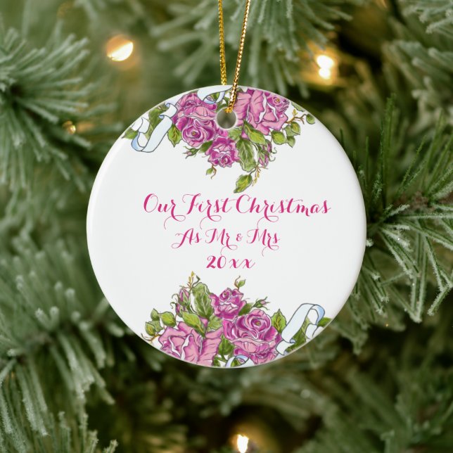 Pink Roses Mr and Mrs First Christmas Ornament (Tree)