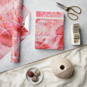 pink roses & name, romantic floral pattern wrapping paper