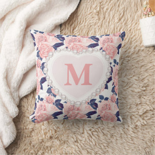 Pink Roses Navy Blue Floral Pearl Heart Monogram Cushion