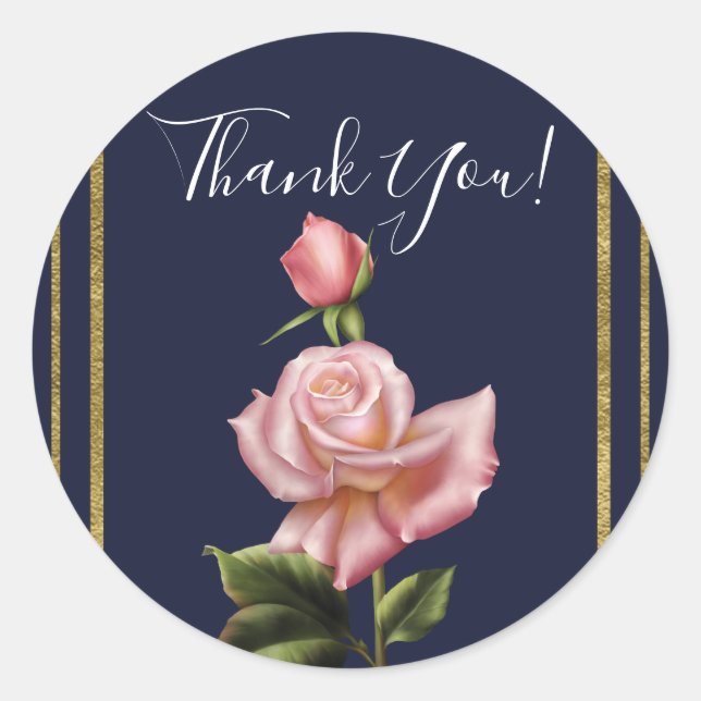 Pink Roses Navy Blue & Gold Modern Elegant Favour Classic Round Sticker (Front)