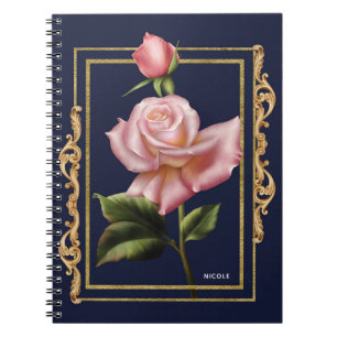 Pink Roses Navy Blue & Gold Modern Rustic Glam Notebook