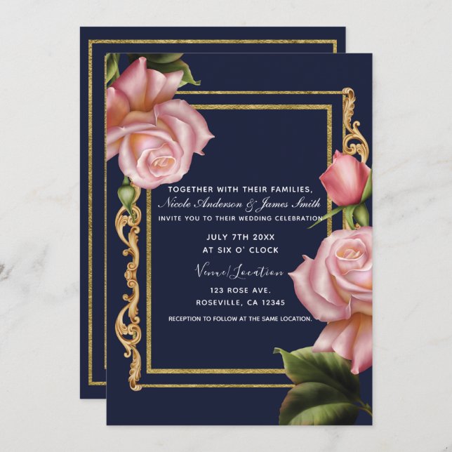 Pink Roses Navy Blue & Gold Modern Wedding Invitation (Front/Back)