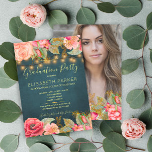 Pink roses navy gold lights PHOTO graduation party Invitation