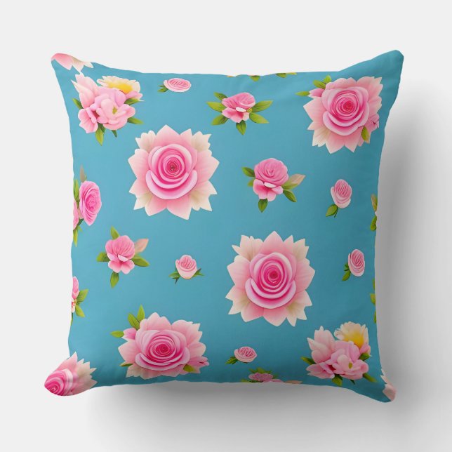 Pink Roses on a Blue Background Cushion (Front)
