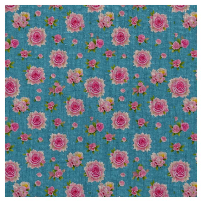 Pink Roses on a Blue Background Fabric (Swatch)