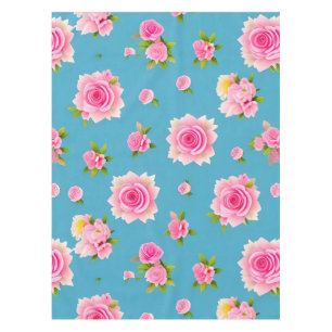 Pink Roses on a Blue Background Tablecloth