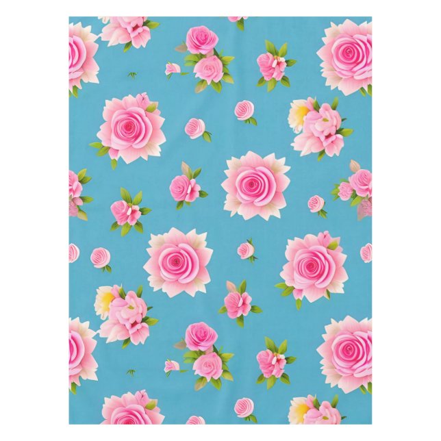 Pink Roses on a Blue Background Tablecloth (Front)