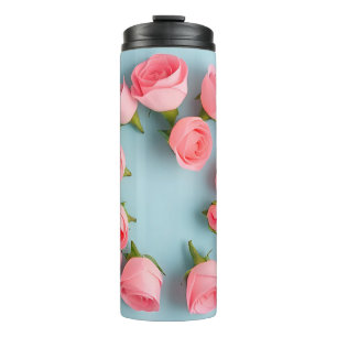 Pink Roses on a Pastel Blue Background Thermal Tumbler