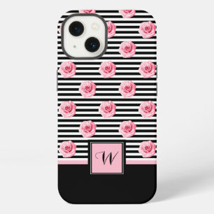 Pink Roses on Black and White Stripes with Initial iPhone 13 Case