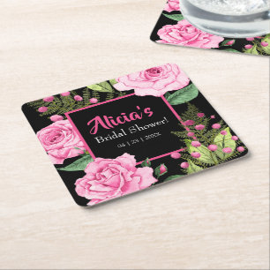 Pink Roses on Black Bridal Shower Square Paper Coaster